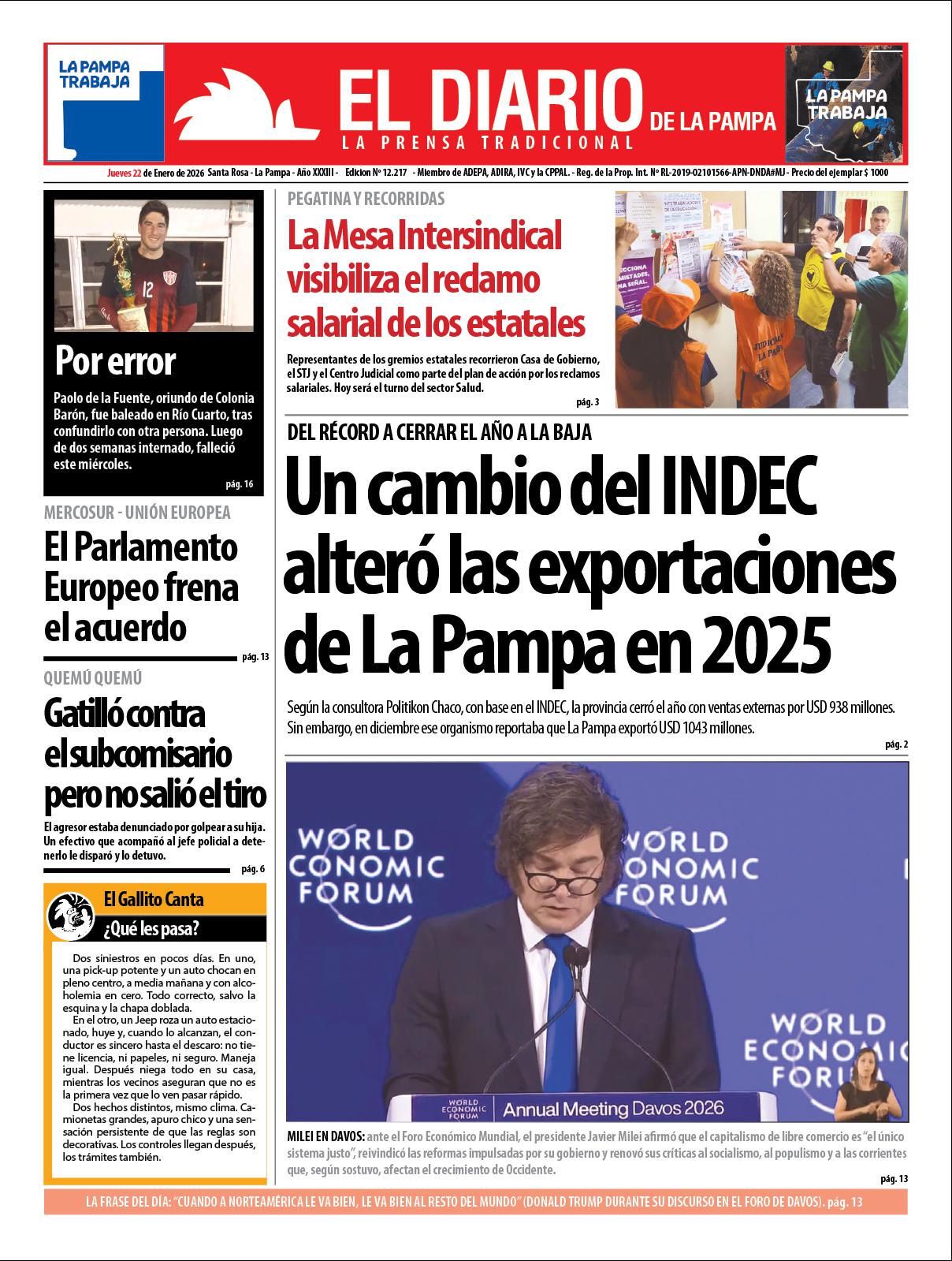 Tapa de El Diario en papel  jueves 22 de enero de 2026